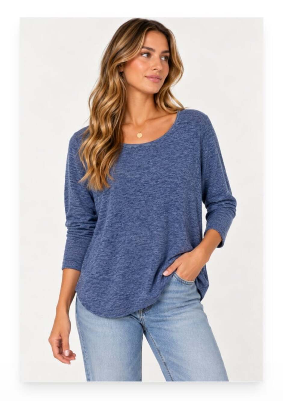 Eileen Fisher Tunic Shirt Womens S Blue Soft Knit 3/4 Sleeve Crew Tee Top Blouse